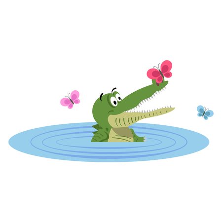 Cartoon Crocodile Swimming in Lake with Butterflyのイラスト素材