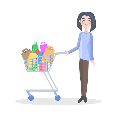 Woman with Shopping Trolley Flat Vector Iconのイラスト素材