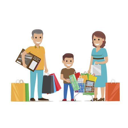 Family Making Purchases in Supermarket Flat Vectorのイラスト素材