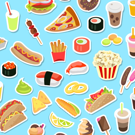 Fast and Junk kinds of Food Scattered on Blueのイラスト素材