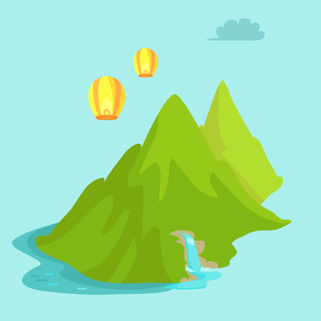 Maokong Mountain in Taiwan and Chinese Lights Flyのイラスト素材