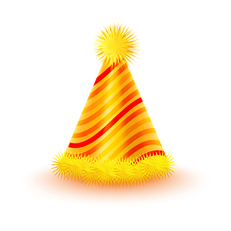 Striped Yellow Party Hat with Pompons Vector Iconのイラスト素材