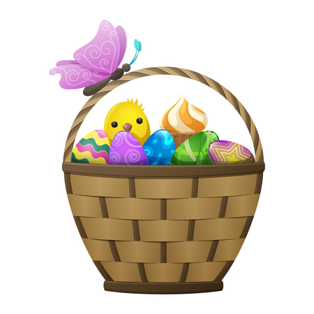 Basket with Easter Eggs, Chiken and Butterflyのイラスト素材