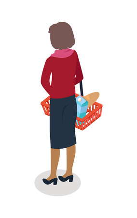 Woman with Basket Buying Daily Products Vectorのイラスト素材
