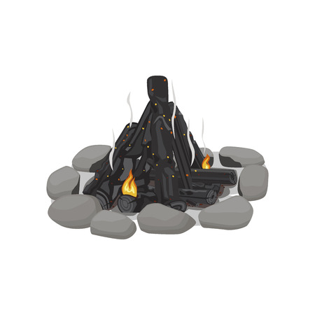Smoldering Bonfire Lined with Stones on Whiteのイラスト素材
