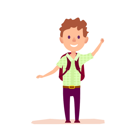 Curly Cheerful Boy with Brief-bag Waving by Handのイラスト素材