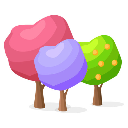 Set of Purple, Pink, Green Tree with Yellow Fruitsのイラスト素材