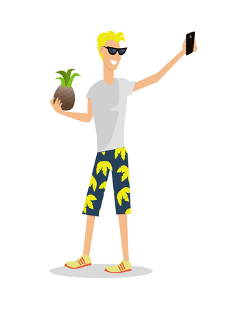 Man on Vacation with Mobile Device and Pineappleのイラスト素材