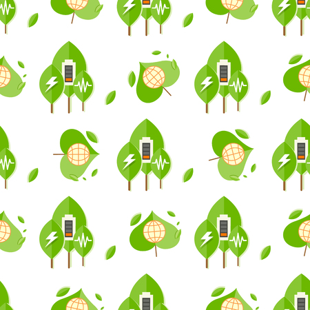Seamless Pattern with Trees, Battery Signs, Globeのイラスト素材