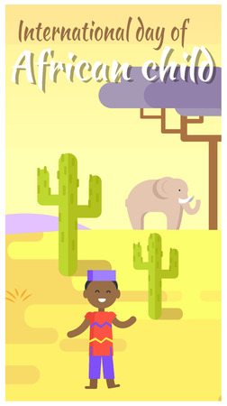 International African Child Day placard with boy in ethnic costume, green cactuses, big elephant and baobab tree vector illustration.のイラスト素材