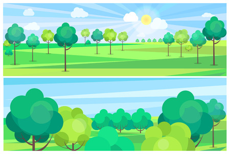 Picturesque scenery landscape with blue river and green trees growing on banks. Vector illustration of clean environment with nice weatherのイラスト素材