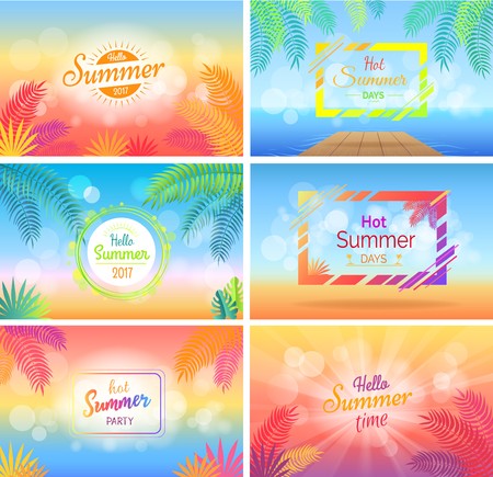 Hello hot summer days party posters set on blurred background. Tropical trees brunches on advertisements vector illustration. Light spots and sunny beamsのイラスト素材