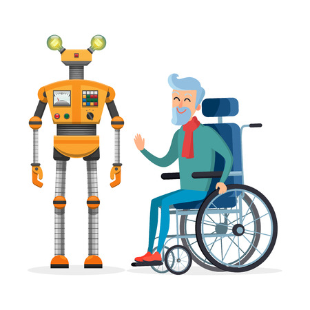 Yellow Robot Helps Disabled Person Vectorのイラスト素材