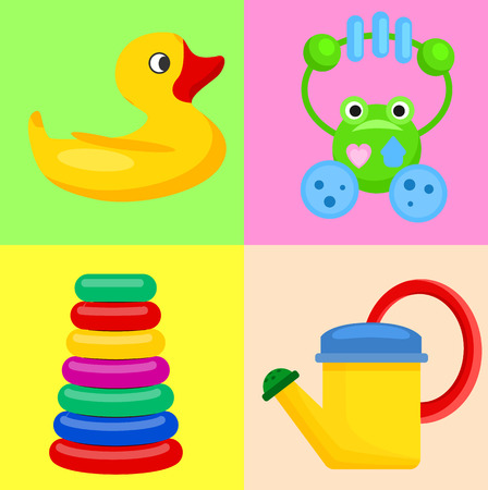 Plastic Toys for Children on Colorful Backgroundsのイラスト素材