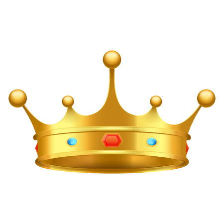 Golden crown with red and blue stones close-up isolated on white. King greatness subject decorated with luxury ornaments vector illustration.のイラスト素材