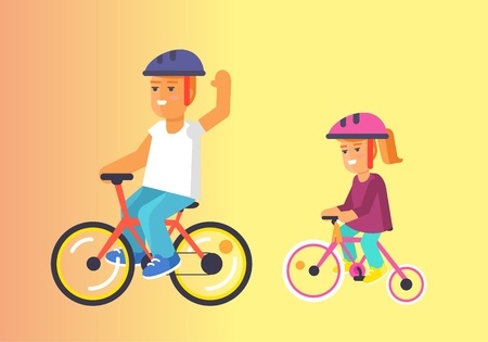 Brother and sister riding on bikes in helmets vector illustration on yellow background. Happy children spending time togetherのイラスト素材
