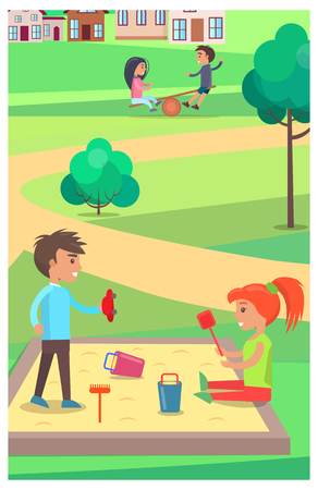 Children Playing with Toys in Sandbox in Parkのイラスト素材