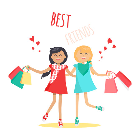 Shopping with Best Friend Flat Vector Conceptのイラスト素材