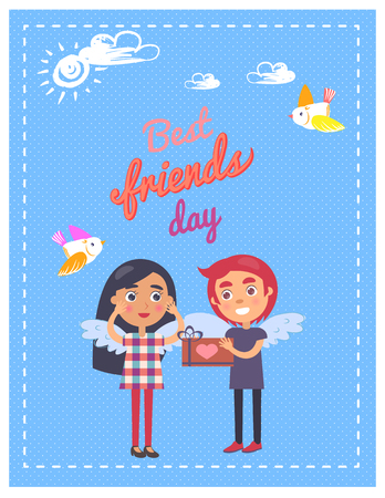 Friends Day Card with Boy Giving Present Girlのイラスト素材