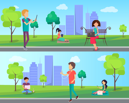 People Spend Time in City Park with Computerのイラスト素材