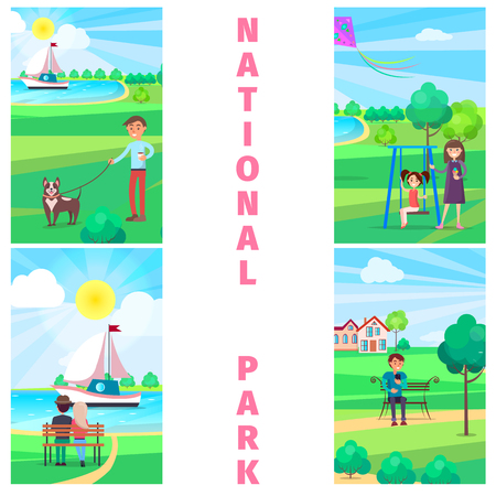 National Park in Summer with Relaxing People.のイラスト素材