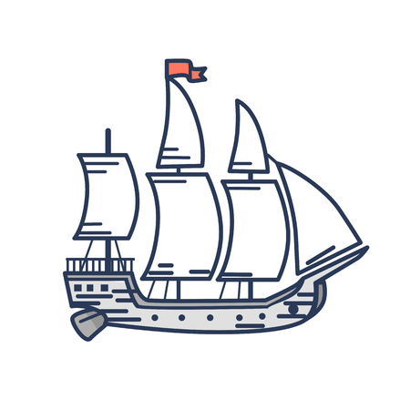 Old Wooden Ship with Red Flag Outline Illustrationのイラスト素材