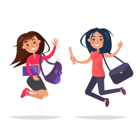 Jumping beautiful stylish girls with books and bags.のイラスト素材