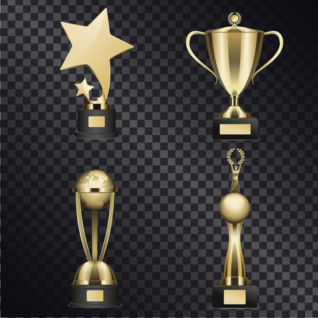 Shiny trophy cups set. Golden stars, human figure with laurel wreath and word globe statuettes and goblet realistic vector on transparent background. Sports prize or business awards illustrationのイラスト素材