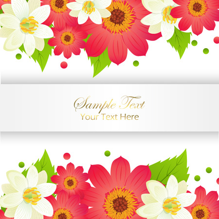 Sample yext here appy holidays greeting card with shiny frame and flowers set. Vector illustration of festival decorated paper for congratulating.のイラスト素材