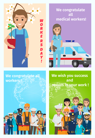 Four color congratulatory cards for all workers. Vector illustration of service occupations in cartoon style flat design.のイラスト素材