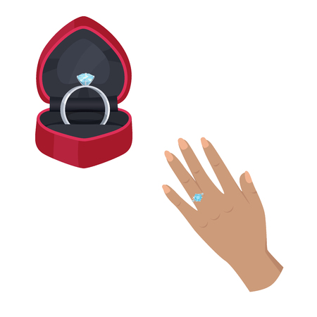 Silver engagement ring with blue diamond in open red box and on womans hand isolated vector illustration on white background.のイラスト素材