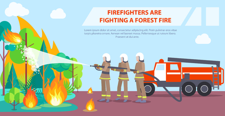 Poster of firefighters fighting forest fireのイラスト素材
