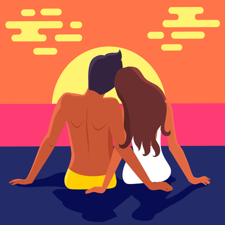 Couple sits on beach and looks at blue deep oceanのイラスト素材