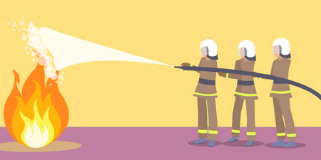 Firefighters with helmets trying to extinguish fireのイラスト素材