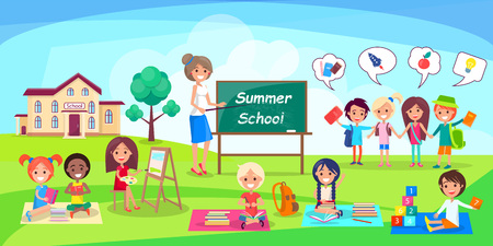 Summer School Poster Depicting Kids and Teacherのイラスト素材