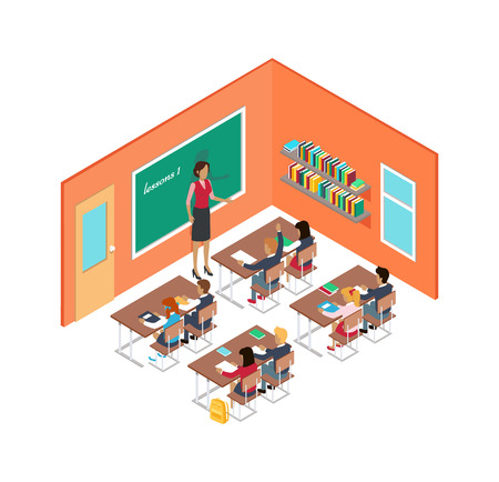School Room with Teacher and Children sitting on Desksのイラスト素材