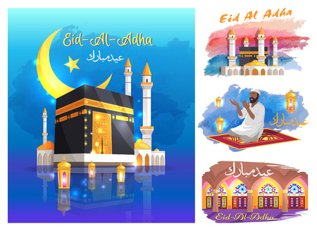 Eid Al Adha Posters with Mosques, Praying Muslimのイラスト素材