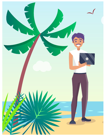 Business Travel Poster with Freelancer on Beachのイラスト素材