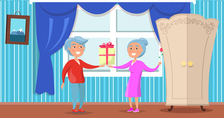 Happy grandparents day poster with senior couple giving presents to each other, man with gift box and woman holding flower vector in cosy home interiorのイラスト素材