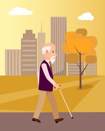 Senior man with walking stick in city park on background of skyscrapers vector illustration at suncet. National grandparents day posterのイラスト素材