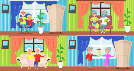 Cheerful older people collection of vector illustrations. Cartoon style happily-married couples at home. Grandfather spending time with his grandsonのイラスト素材