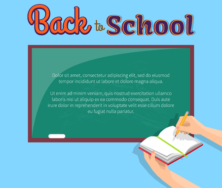 Back to School Poster with Text written on a  Green Blackboard, vector illustrationのイラスト素材