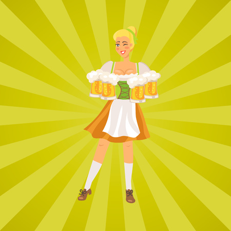 German waitress wearing traditional costume holding beer.のイラスト素材