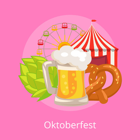 Oktoberfest illustration on pink demonstrating glass of beer.のイラスト素材
