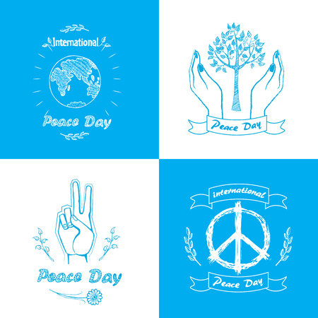 Posters for International Peace Day. Vector illustration includes different love and harmony symbols as trees, doves and planet, twigs and fingersのイラスト素材