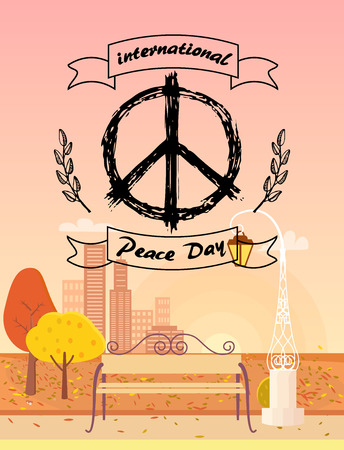 International Peace Day logo. Vector illustration with hippie symbol surrounded by spikelets on foreground of autumn city with golden yellow treesのイラスト素材