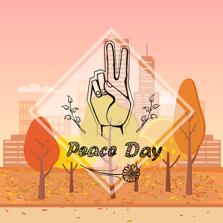 Peace day, image depicting symbolic gesture and olive branch in frame, vector illustration isolated on orange background with trees and buildingsのイラスト素材