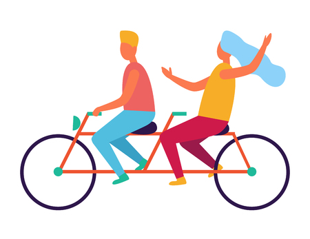 Couple riding on tandem or twin bicycle isolated on white background. Happy family spend time together, lady in blue shawl on headのイラスト素材