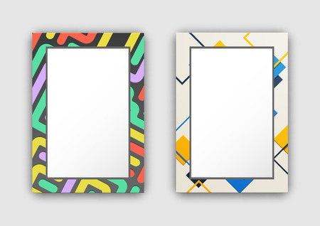 Set of two colorful frame patterns, one is made of diagonal lines making a unity and second includes squares vector illustration isolated on whiteのイラスト素材