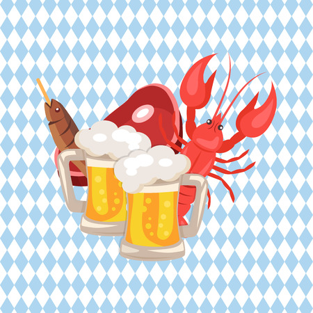Beer and Snacks Vector Illustration on Checkeredのイラスト素材